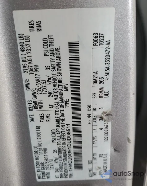 2013 Ford Escape Se z USA, uszkodzony, nr VIN 1FMCU9G91DUD08511